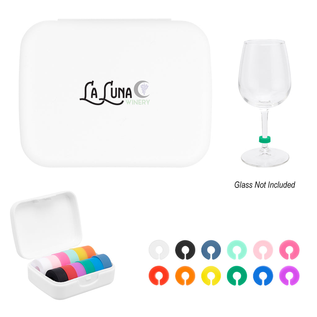 Silicone Wine Glass Markers in a Recycled Case - White - Full Color