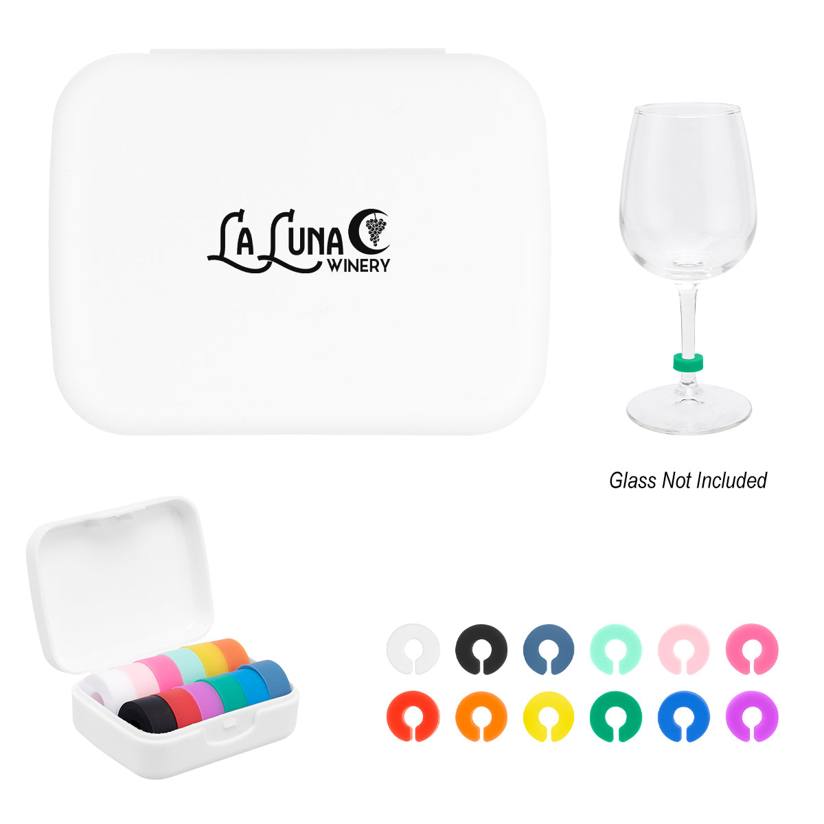 Silicone Wine Glass Markers in a Recycled Case - White - Silk Screen