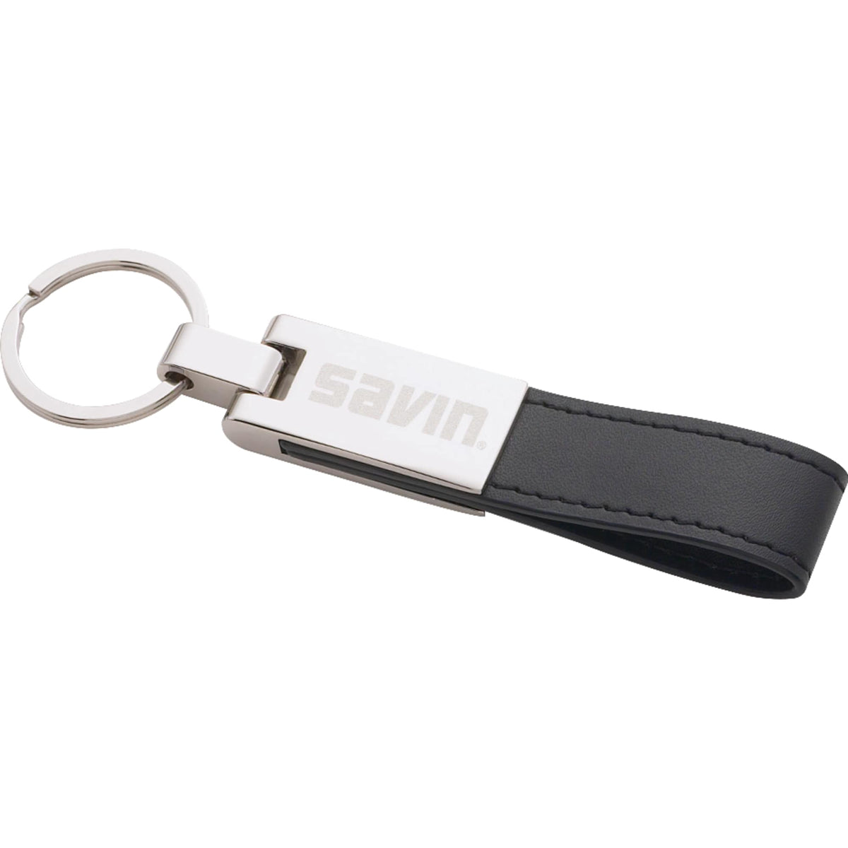 Silver Plated Key Ring with Leather-Look Strap Laser Engraving - Black - Front
