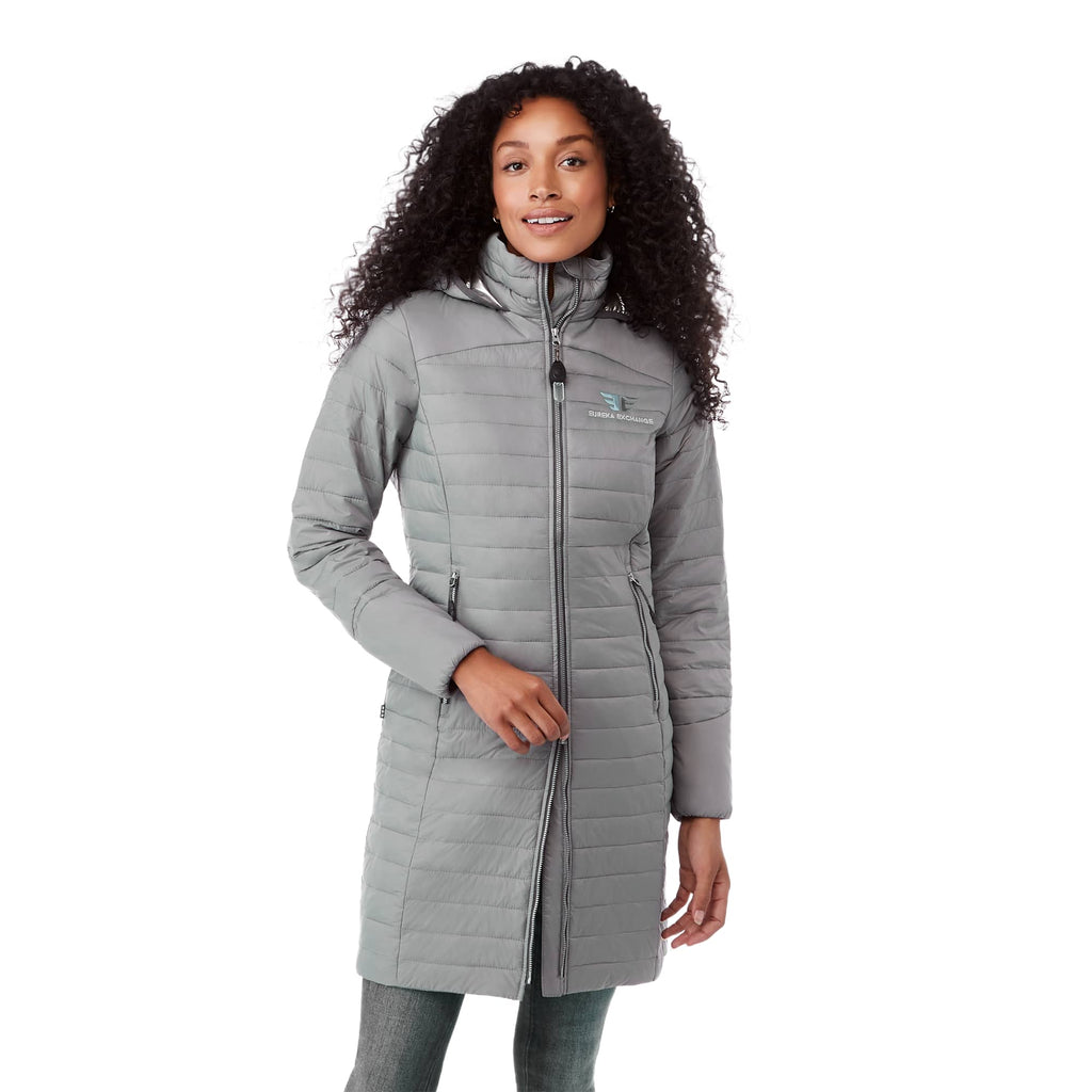 Silverton Long Packable Puffer Jacket for Women Embroidery - Quarry - Front On Model
