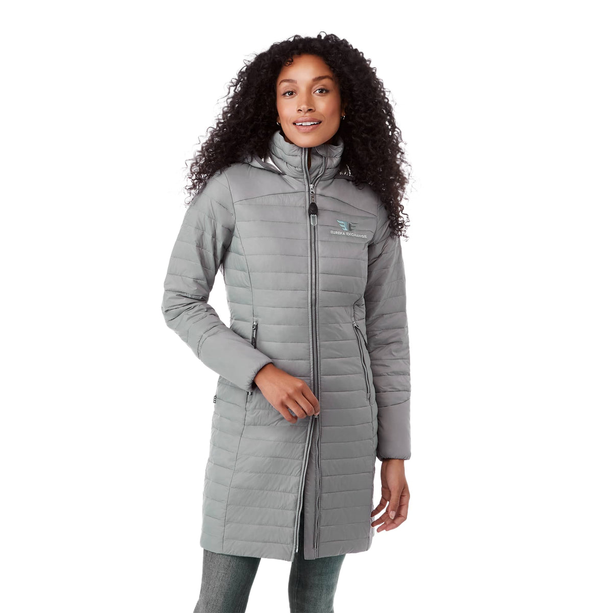 Silverton Long Packable Puffer Jacket for Women Embroidery - Quarry - Front On Model