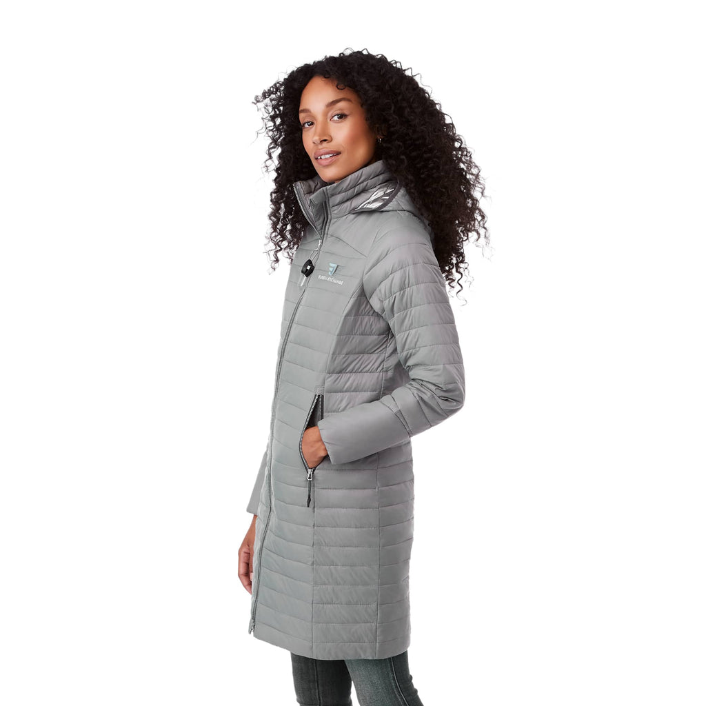 Silverton Long Packable Puffer Jacket for Women Embroidery - Quarry - Left Angle On Model 2