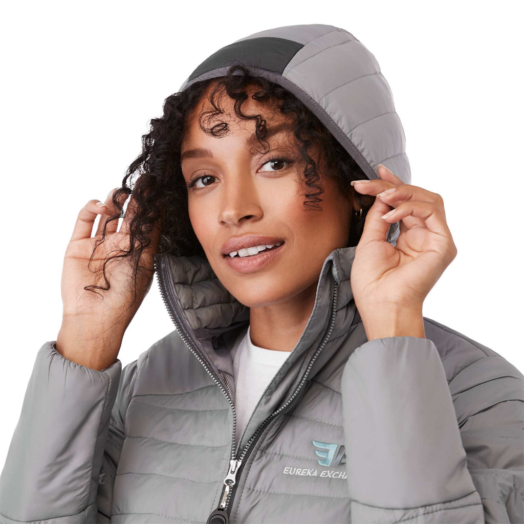 Silverton Long Packable Puffer Jacket for Women Embroidery - Quarry - Left Angle On Model