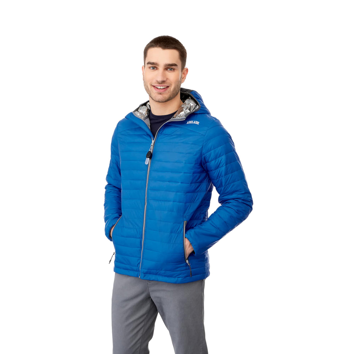 Silverton Packable Puffer Jacket for Men Embroidery - Olympic Blue - Front On Model