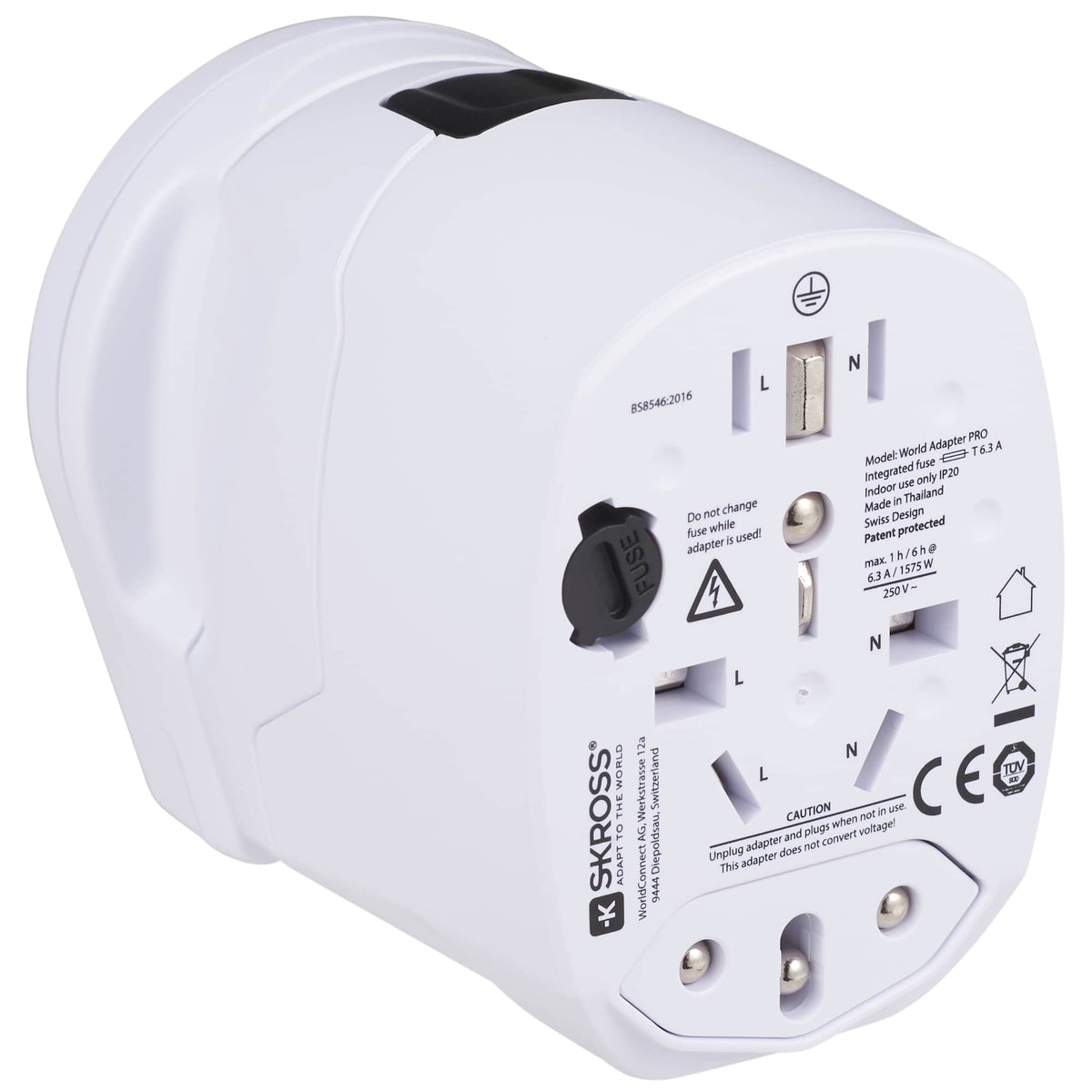 Skross PRO World Travel Adapter with USB Charger - White - Left Angle 4