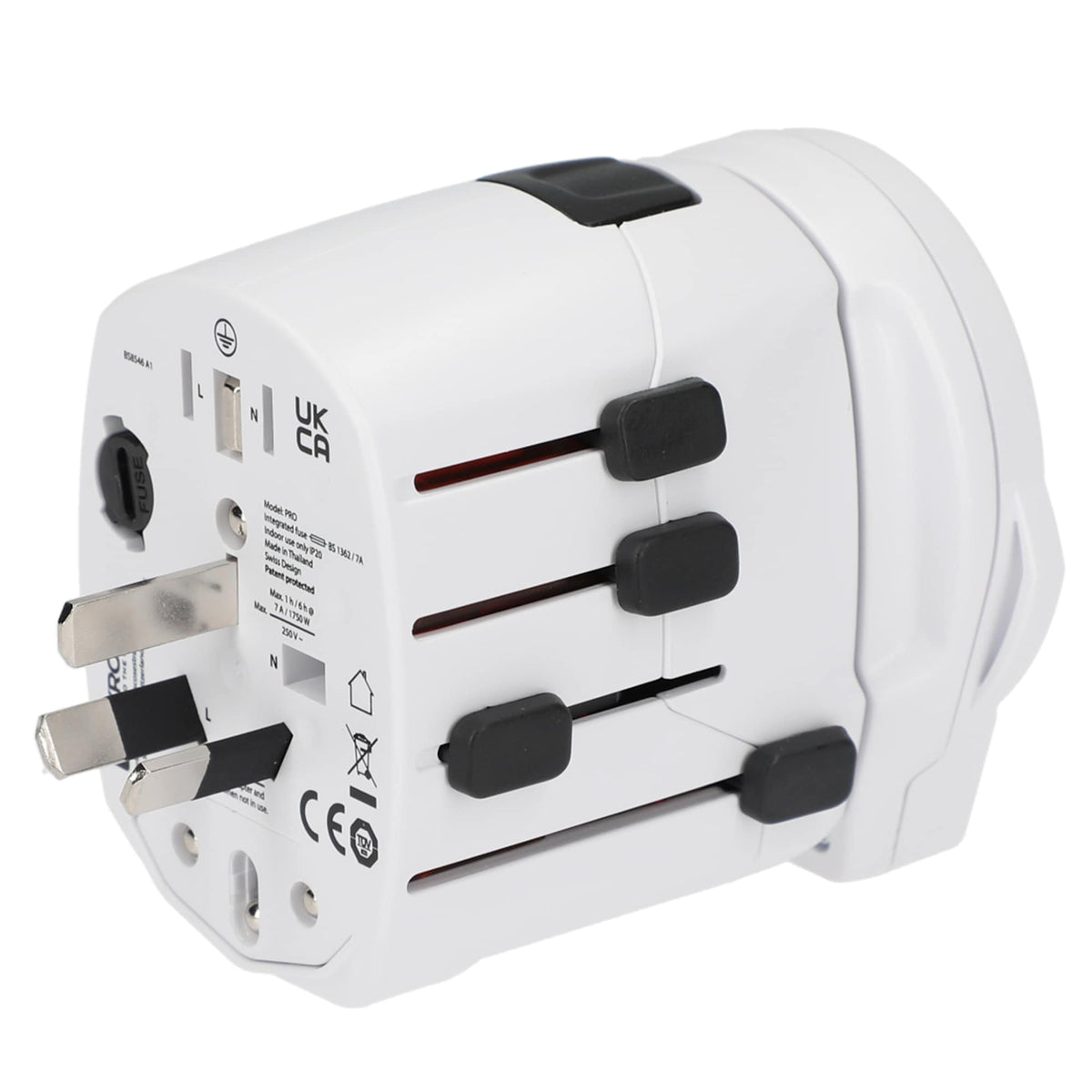 Skross PRO World Travel Adapter with USB Charger - White - Left Side