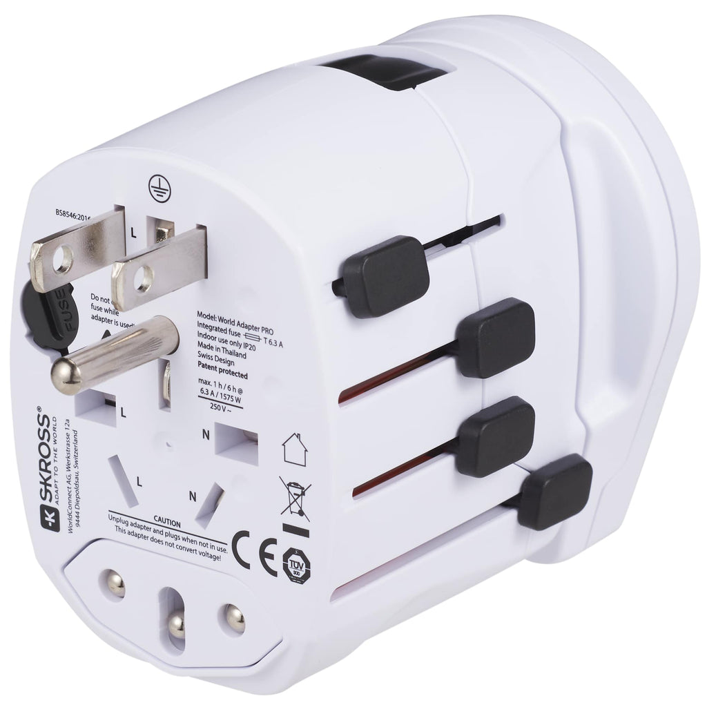 Skross PRO World Travel Adapter with USB Charger - White - Right Angle