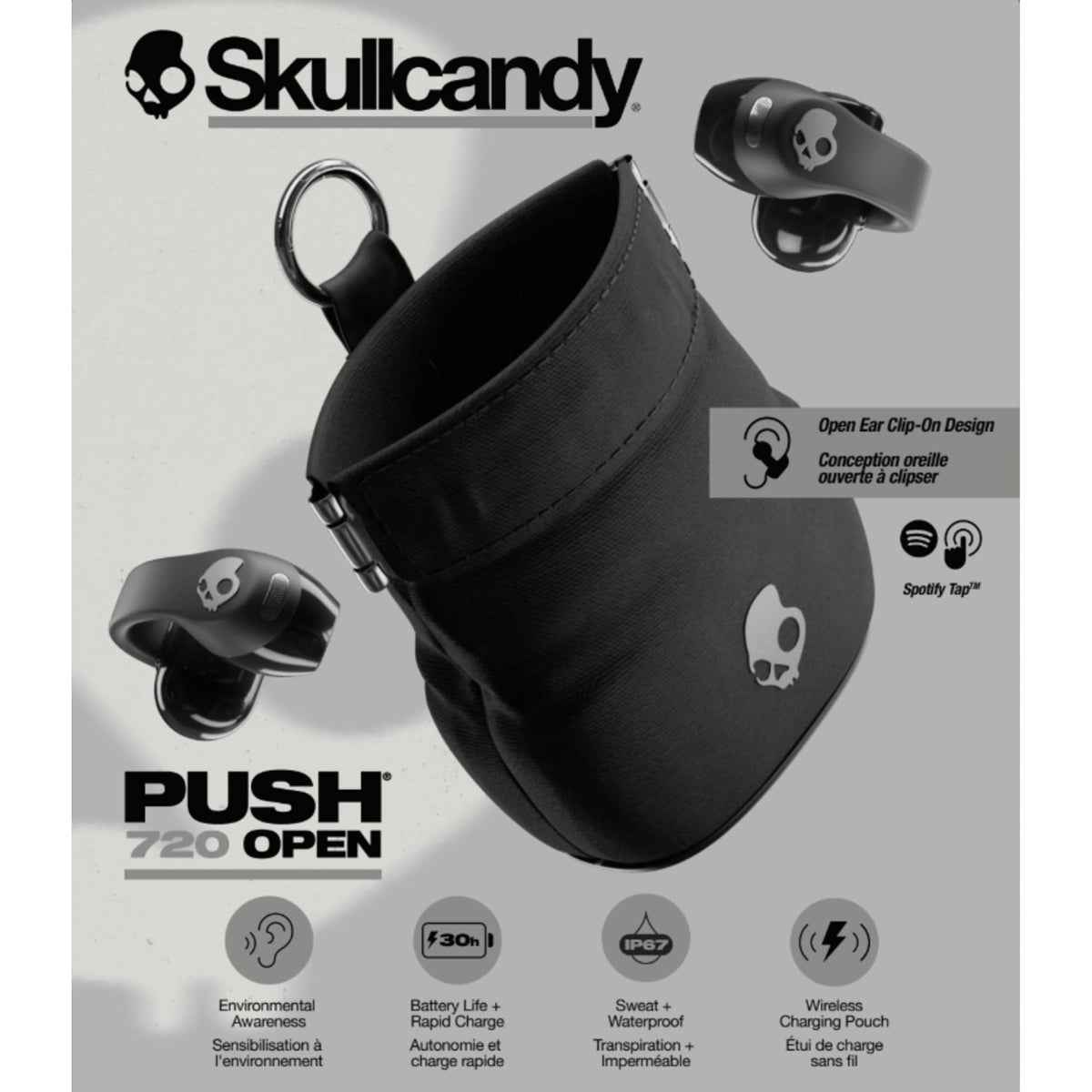 Skullcandy Push 720 Open Clip-On Wireless Earbuds Transfer - Black - Front Detail