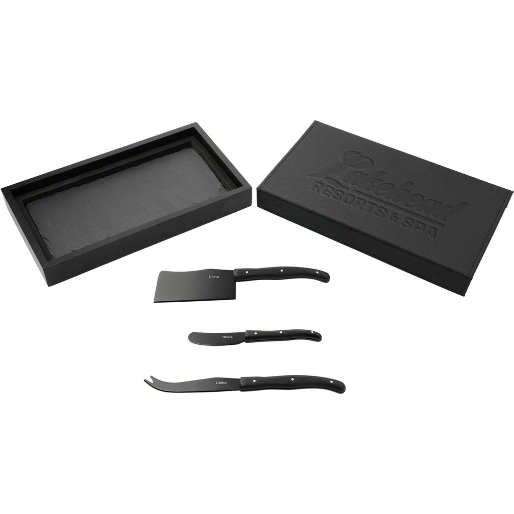 Slate Cheese Board with Three Knives in Wooden Box Debossing - Black - Left Angle