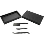 Slate Cheese Board with Three Knives in Wooden Box Debossing - Black - Left Angle