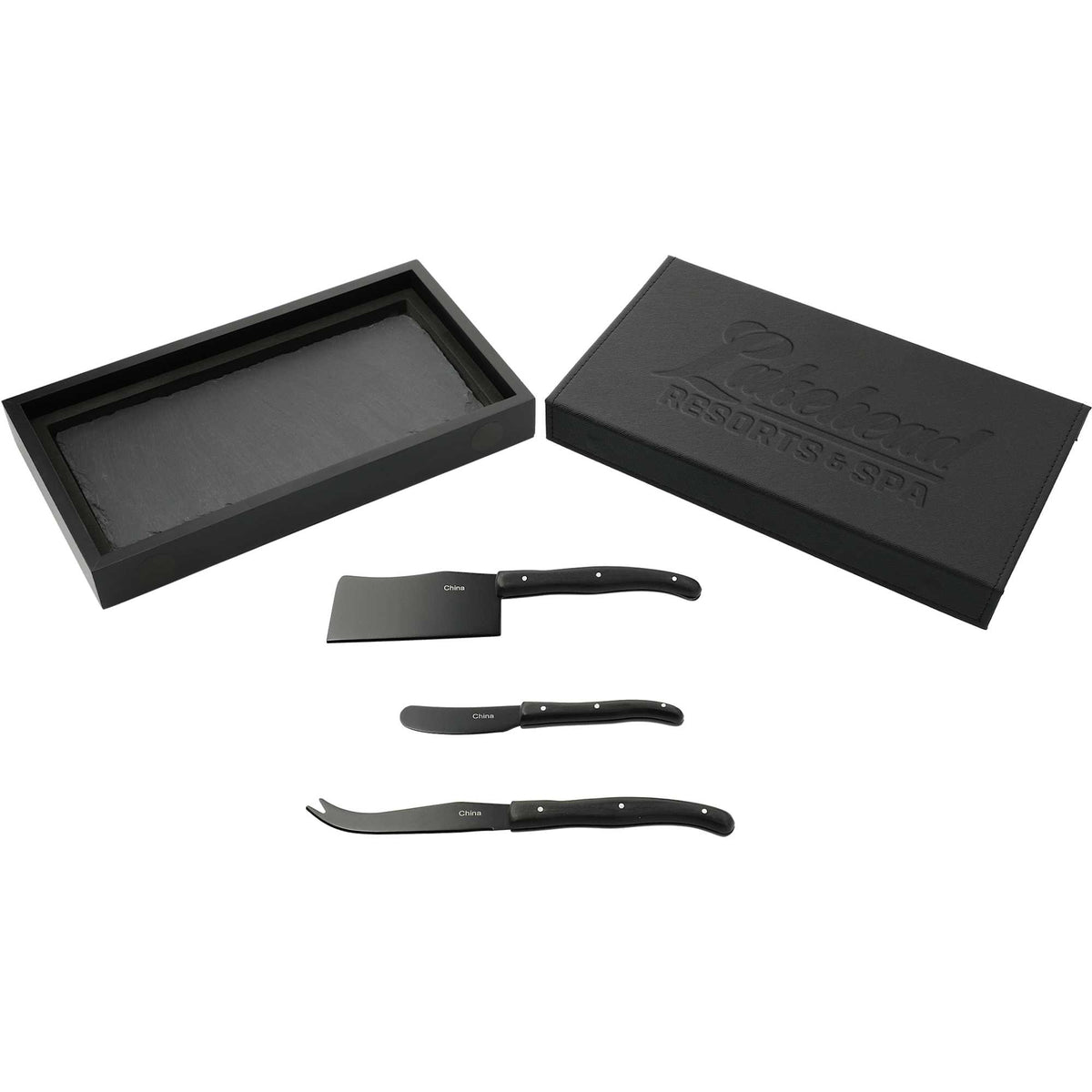 Slate Cheese Board with Three Knives in Wooden Box Debossing - Black - Left Angle