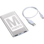 Sleek Aluminum Dual Output Power Bank, 4,000 mAh Laser Engraving - Silver - Front