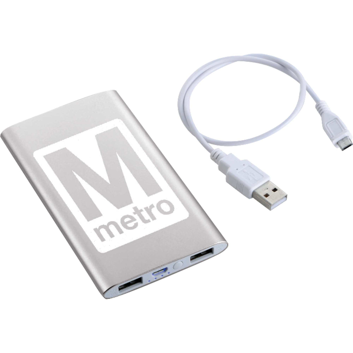 Sleek Aluminum Dual Output Power Bank, 4,000 mAh Laser Engraving - Silver - Front