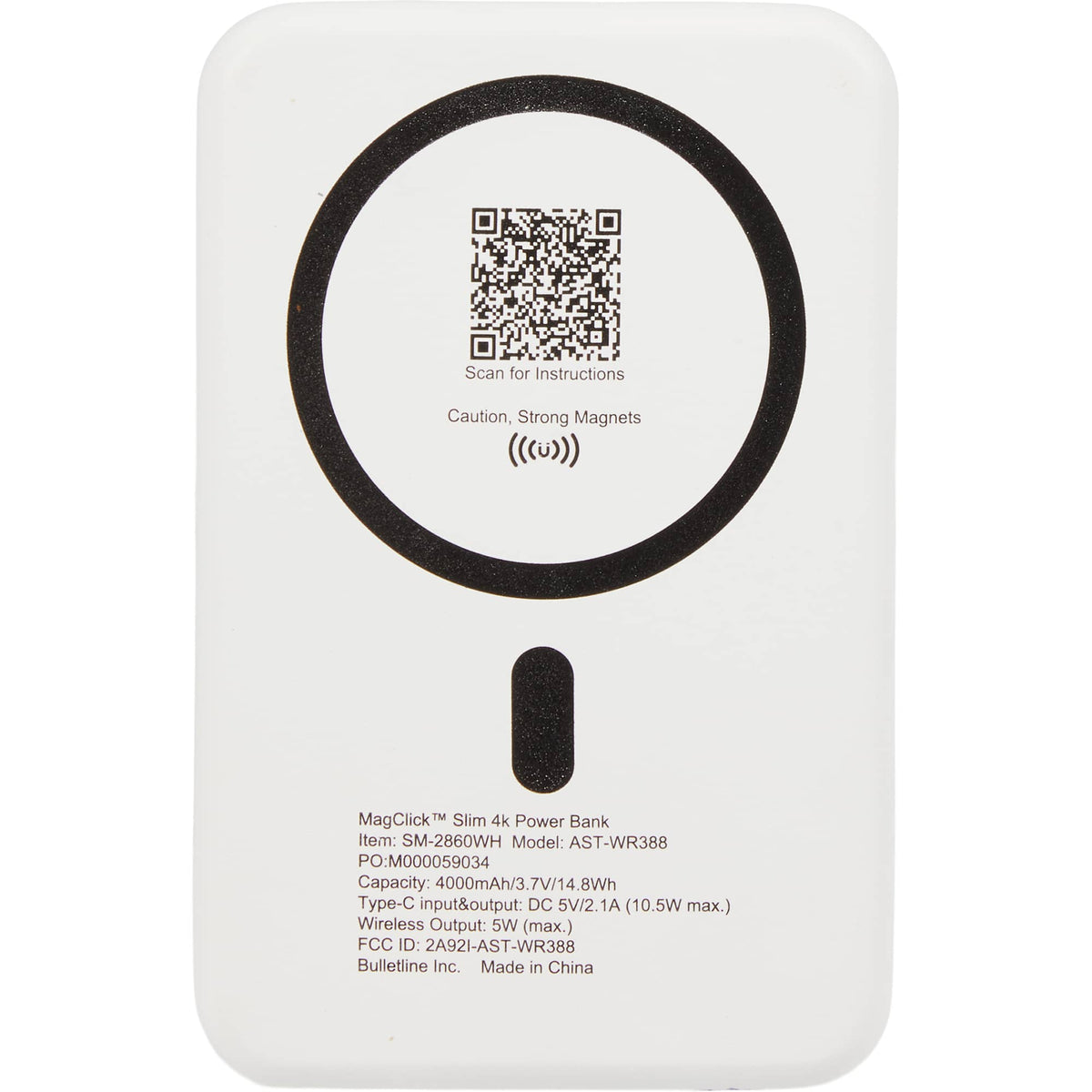 Slim Magnetic Power Bank with LED Indicators, 4,000 mAh Full Color - White - Back