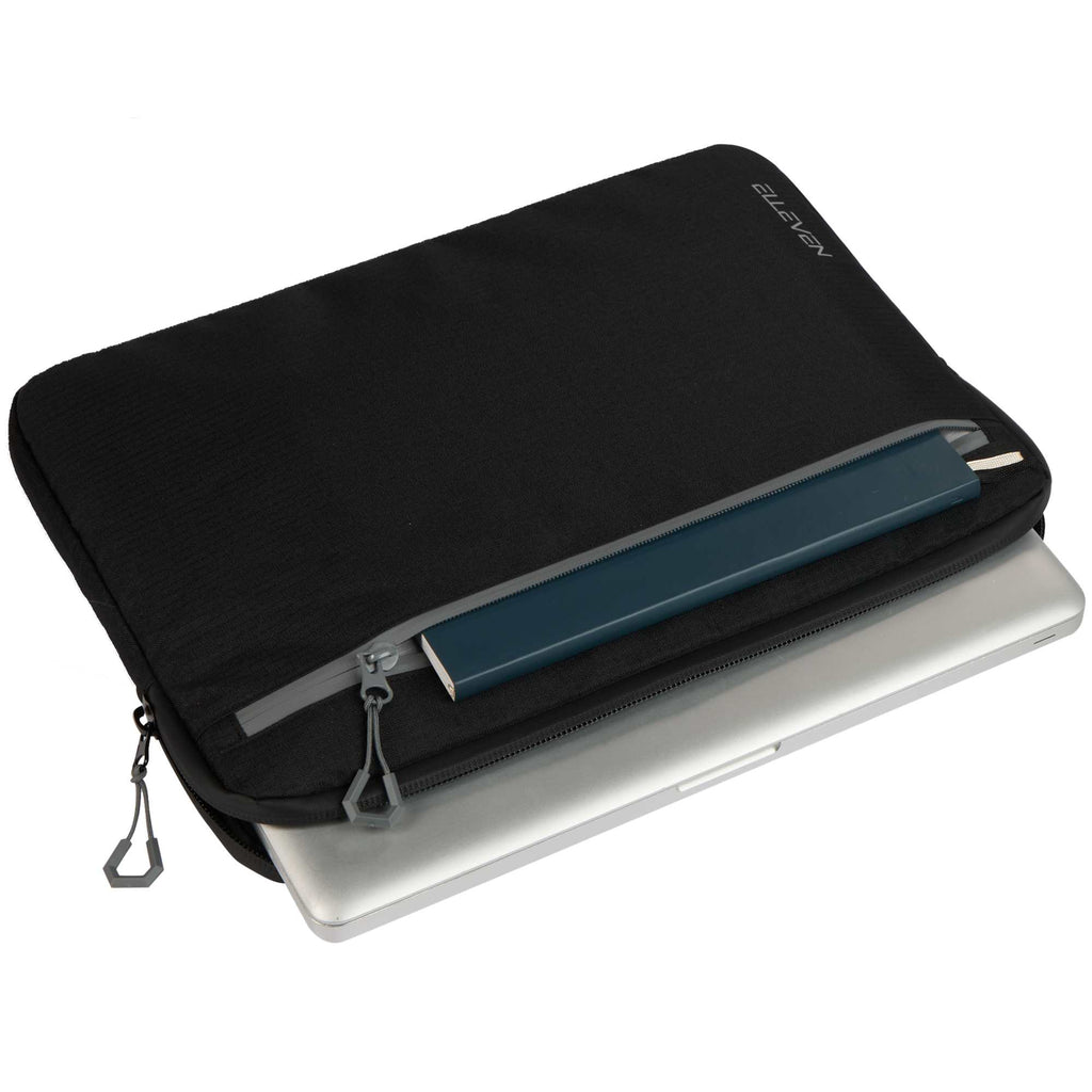 Slim Recycled Laptop Sleeve with Two Zip Pockets, 15 Inch Transfer - Black - Propped