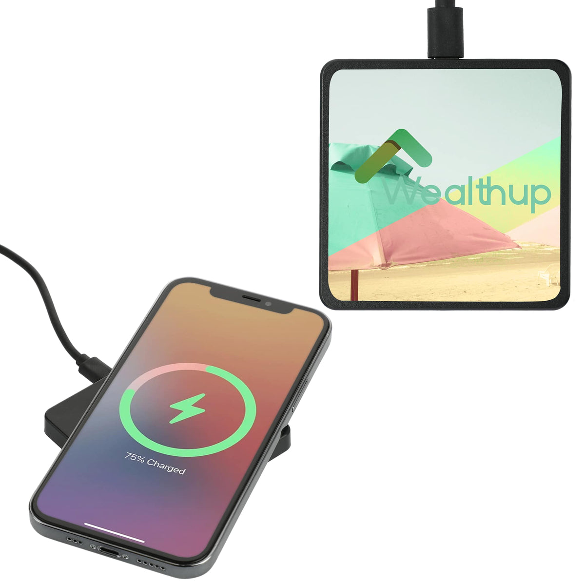 Slim Square Wireless Charging Pad with Cable Full Color - Black - Front 2
