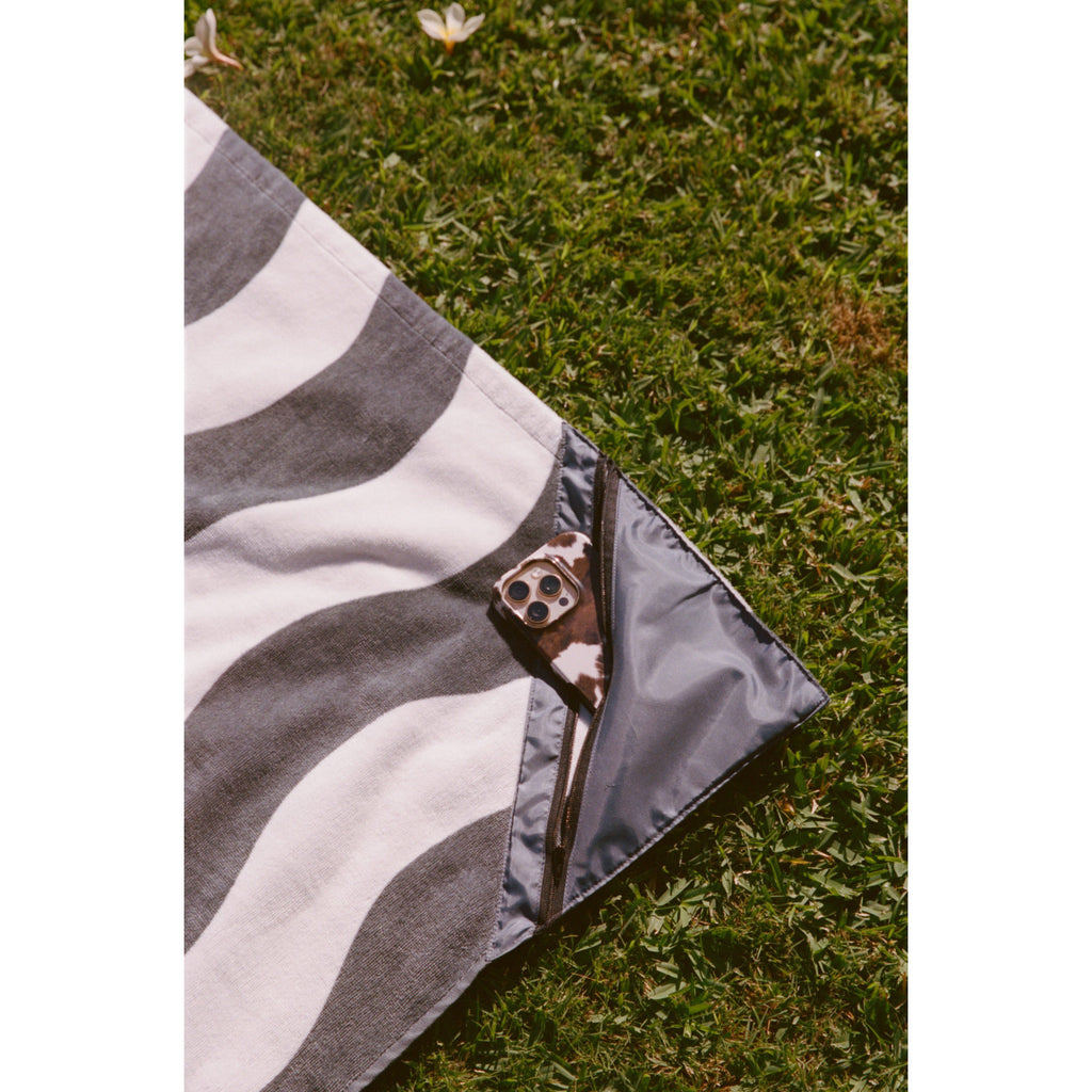 Slowtide Wavy Stripe Beach Towel with Zip Pocket, 60 x 30 Inches Embroidery - Grey - View 5