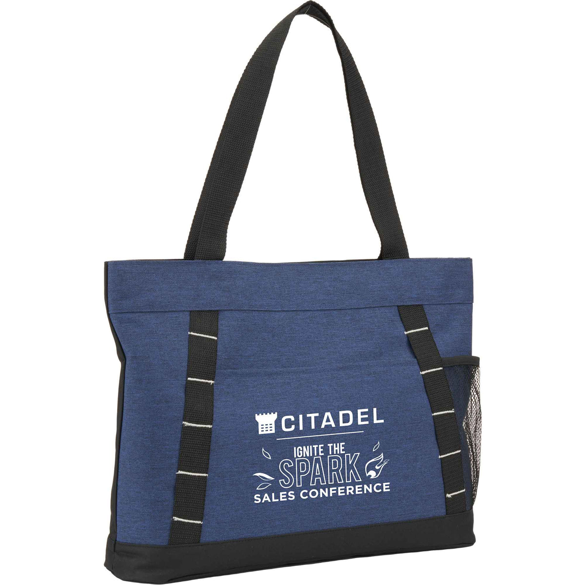 Snap Closure Meeting Tote in Recycled Polyester Embroidery - Navy - Right Angle