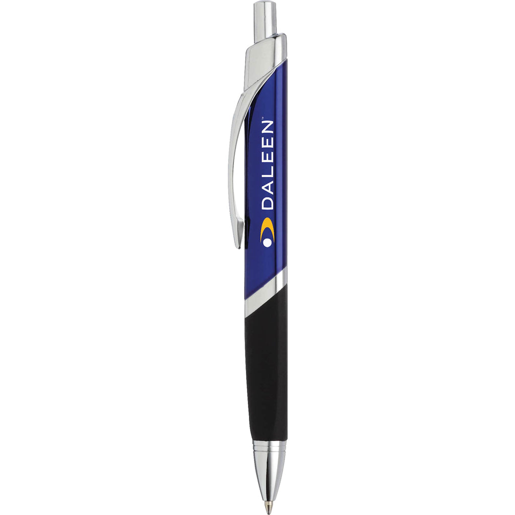 SoBe Triangular Ballpoint Pen with Chrome Trim Laser Engraving - Blue w/Silver Trim - Front