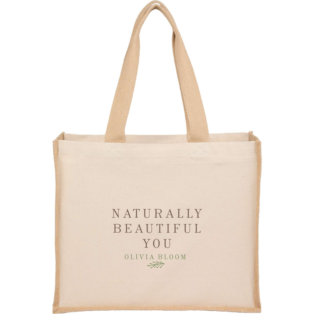 Sol Jute Panel Shopper Tote in Recycled Cotton, 10 oz Embroidery - Natural - Front