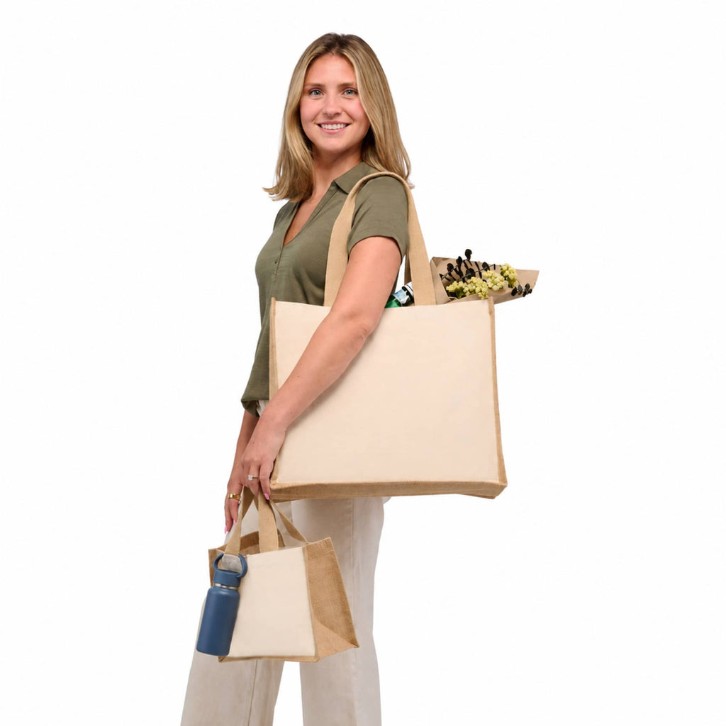 Sol Jute Panel Shopper Tote in Recycled Cotton, 10 oz - Natural - On Model 4
