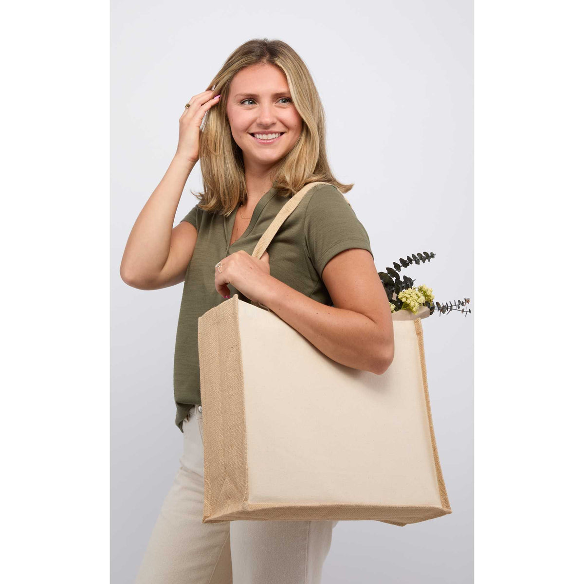 Sol Jute Panel Shopper Tote in Recycled Cotton, 10 oz - Natural - On Model