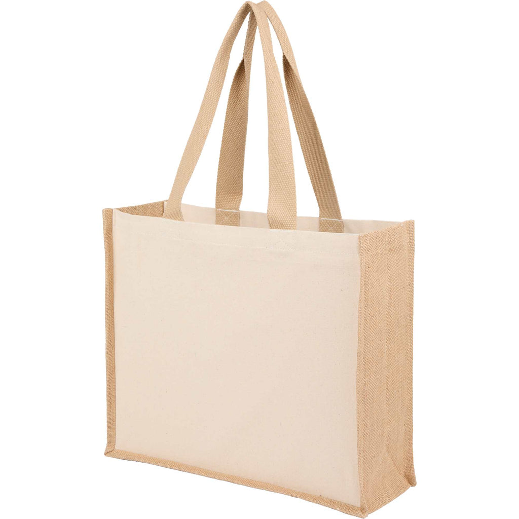 Sol Jute Panel Shopper Tote in Recycled Cotton, 10 oz Transfer - Natural - Left Angle