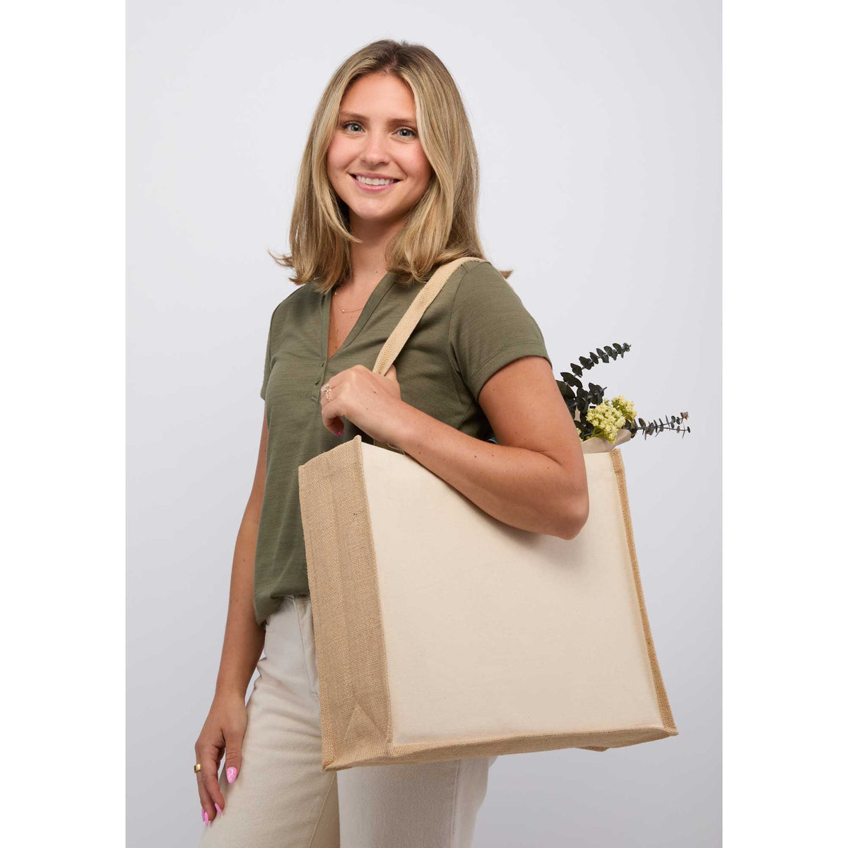 Sol Jute Panel Shopper Tote in Recycled Cotton, 10 oz Transfer - Natural - On Model 2