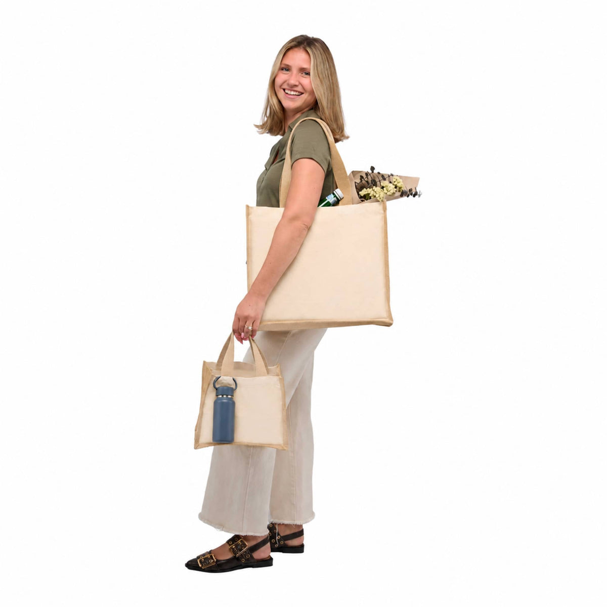 Sol Jute Panel Shopper Tote in Recycled Cotton, 10 oz Transfer - Natural - On Model 3