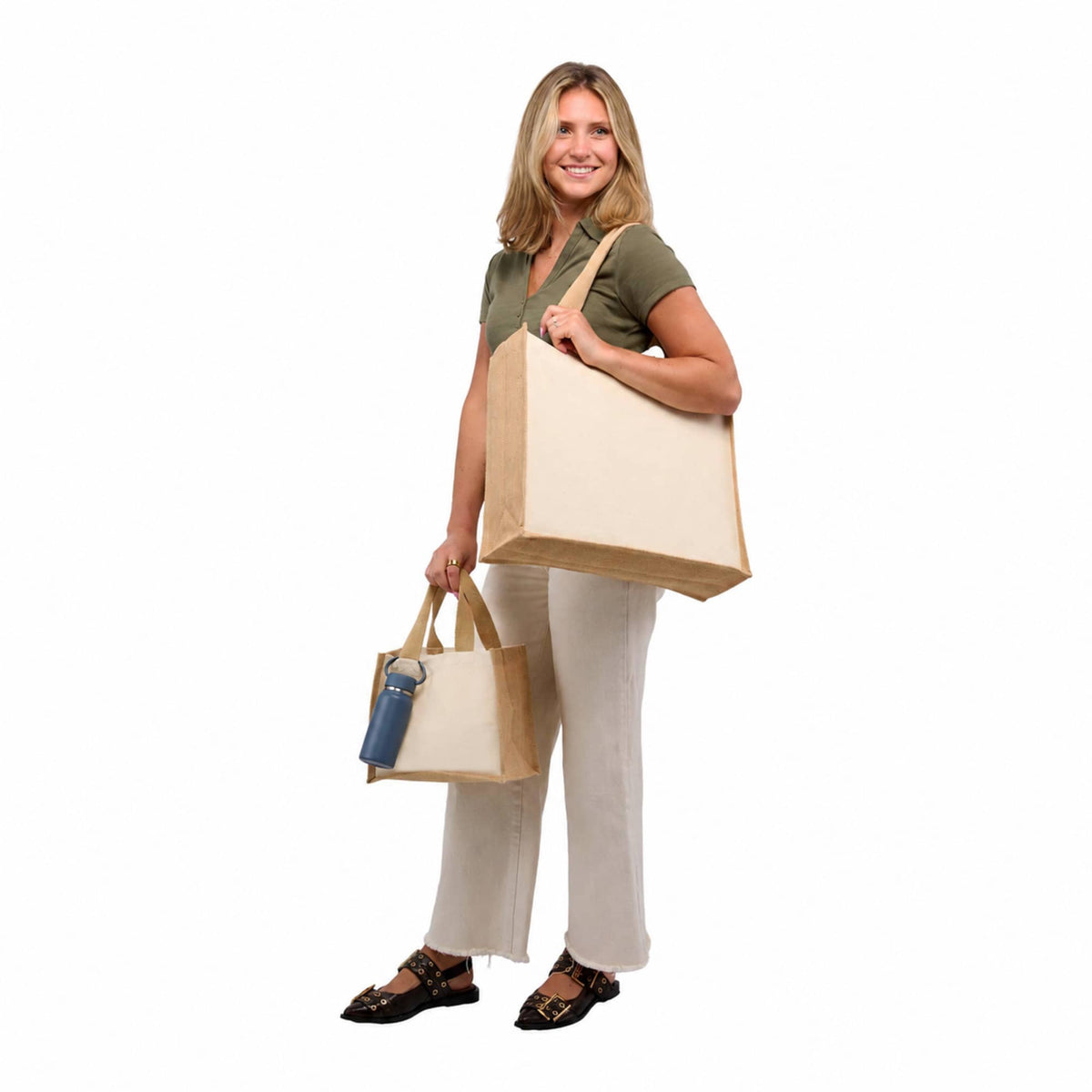 Sol Jute Panel Shopper Tote in Recycled Cotton, 10 oz Transfer - Natural - On Model 6