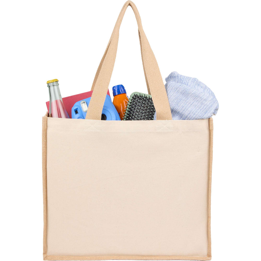 Sol Jute Panel Shopper Tote in Recycled Cotton, 10 oz Transfer - Natural - Propped