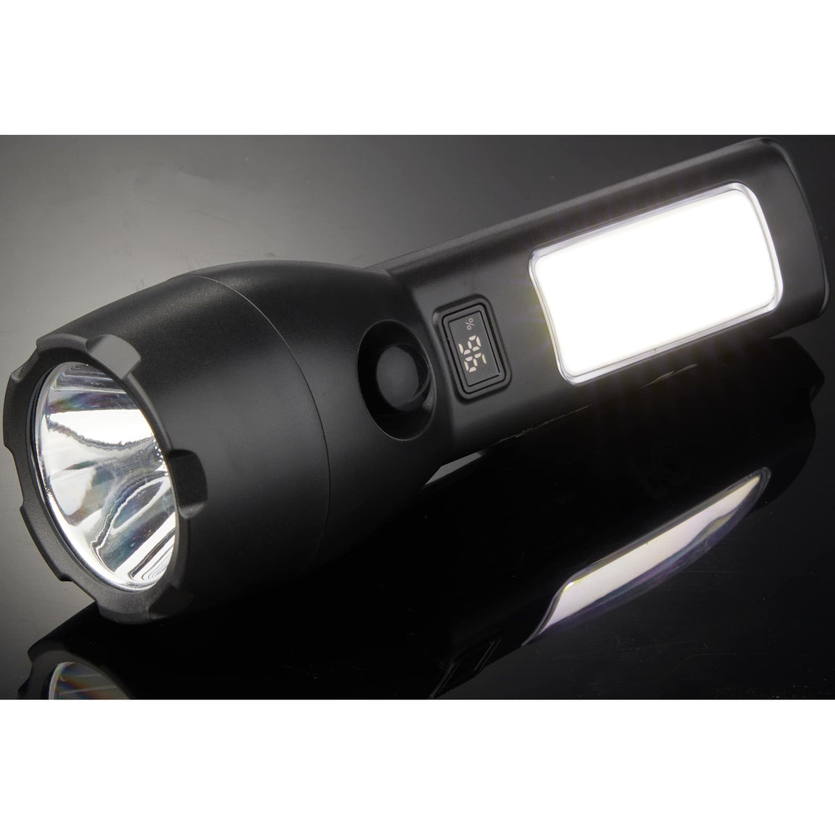 Solar Rechargeable Flashlight with COB Side Light, 130 Lumens - Black - Detail