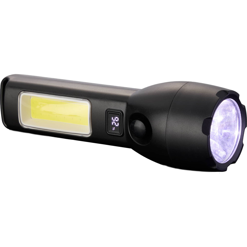 Solar Rechargeable Flashlight with COB Side Light, 130 Lumens - Black - Left Angle 3