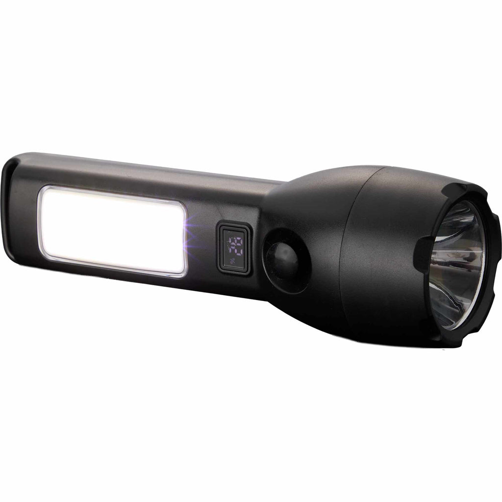 Solar Rechargeable Flashlight with COB Side Light, 130 Lumens - Black - Left Angle