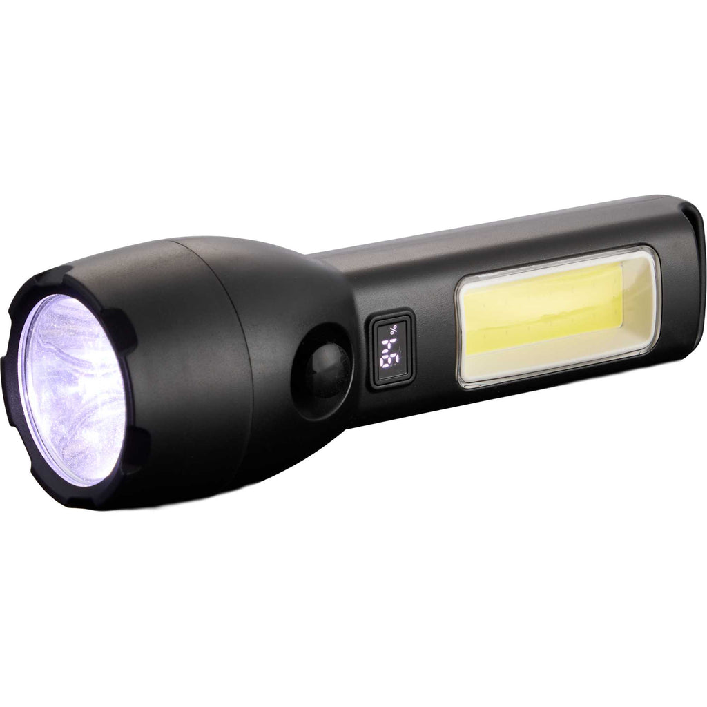 Solar Rechargeable Flashlight with COB Side Light, 130 Lumens - Black - Right Angle