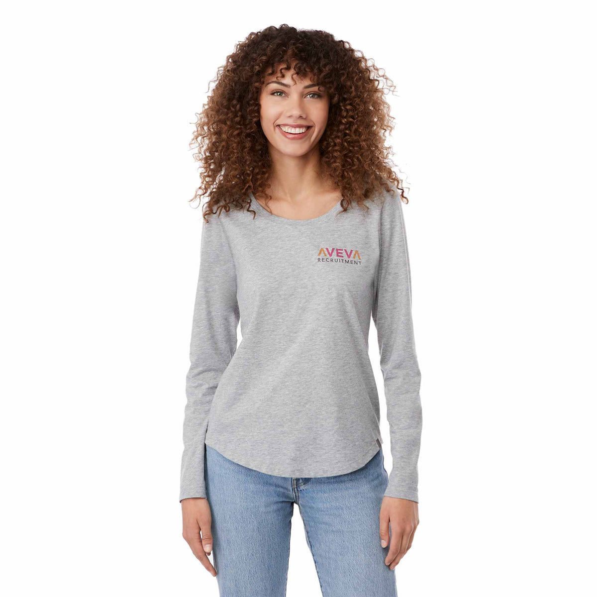 Somoto Eco Long Sleeve Tee in Recycled Poly Cotton for Women Transfer - Heather Grey - On Model Front 2