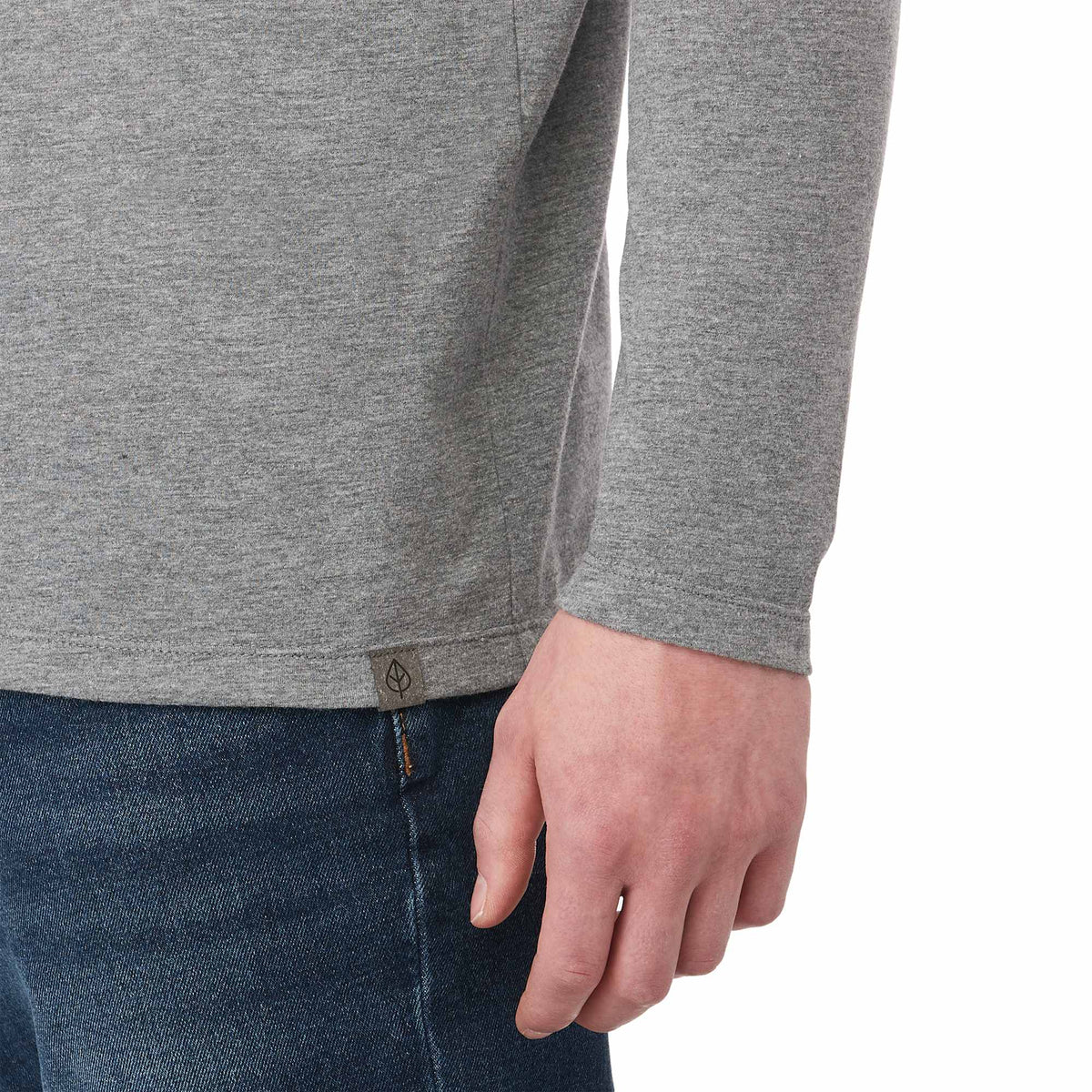 Somoto Eco Recycled Long Sleeve Tee for Men Sublimation - Heather Charcoal - On Model Right Angle 2