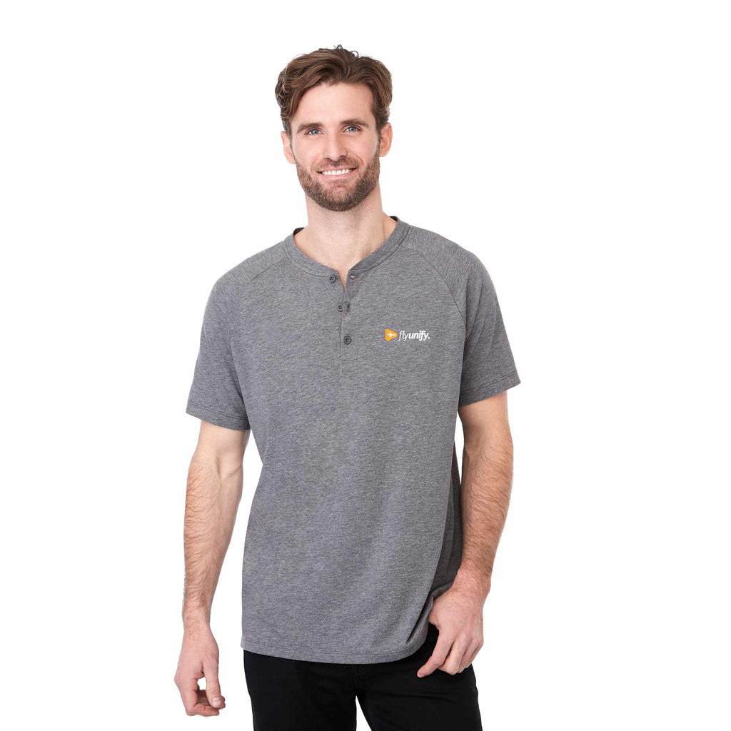 Somoto Eco Recycled Short Sleeve Henley for Men Transfer - Heather Charcoal - Front On Model 2