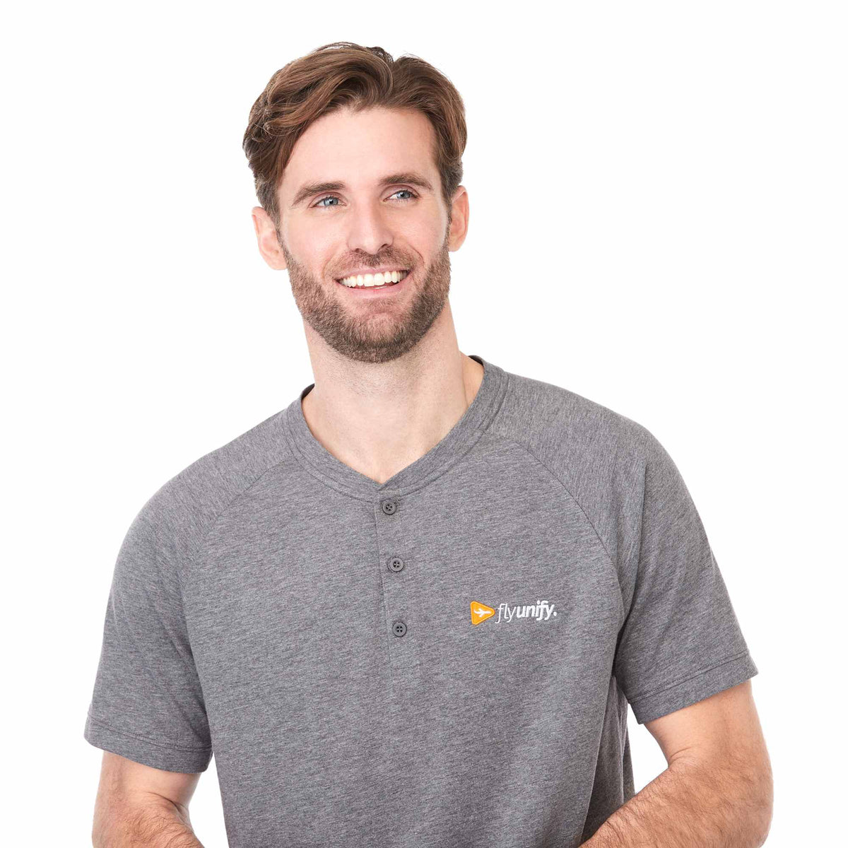 Somoto Eco Recycled Short Sleeve Henley for Men Transfer - Heather Charcoal - Front On Model