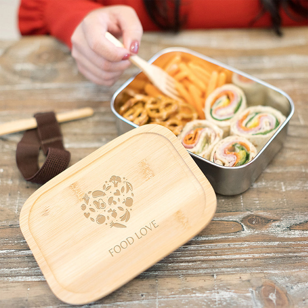 Sophisticate Bento Box in Stainless Steel and Bamboo - Silver - Lifestyle_Laser