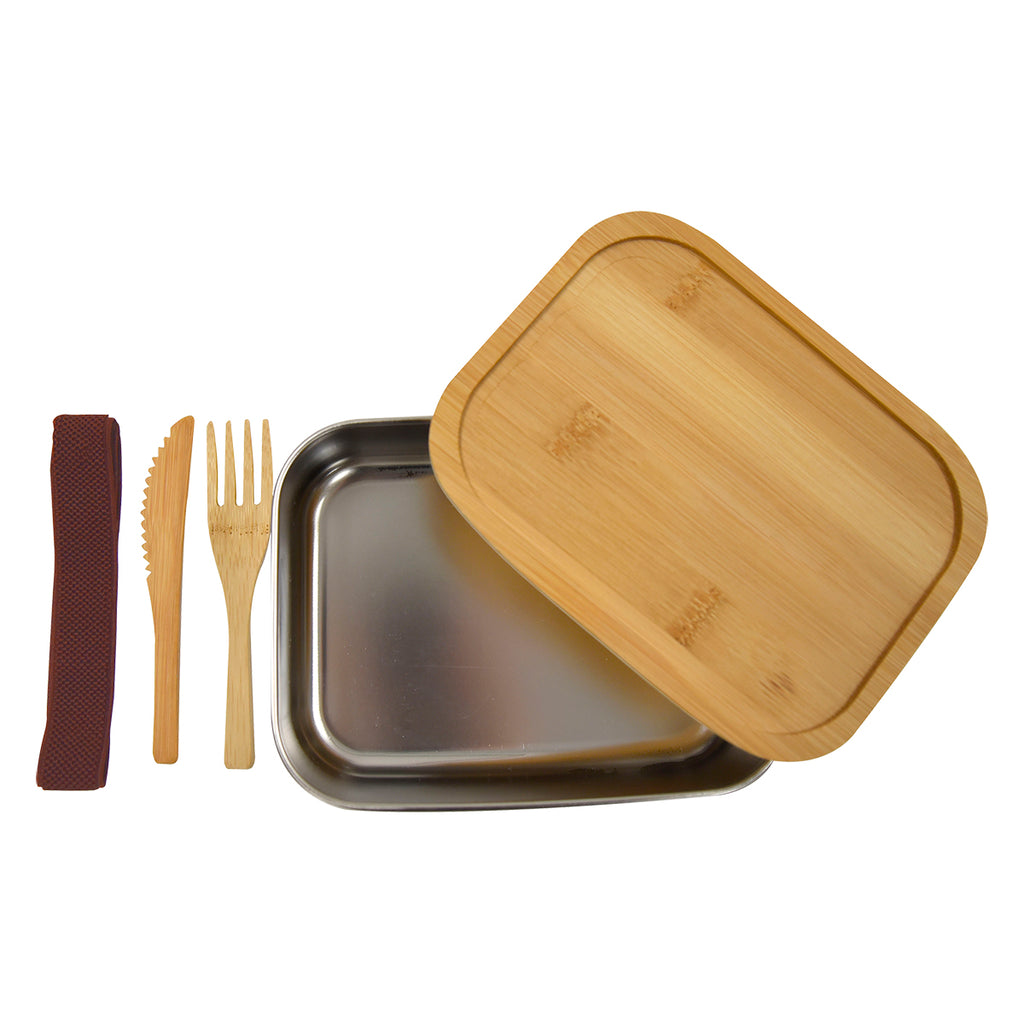 Sophisticate Bento Box in Stainless Steel and Bamboo - Silver - Open