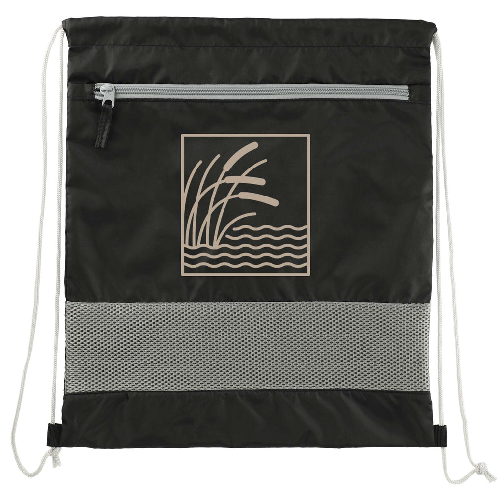 Sparks Recycled Drawstring Bag with Mesh Accents - Black - Front 2