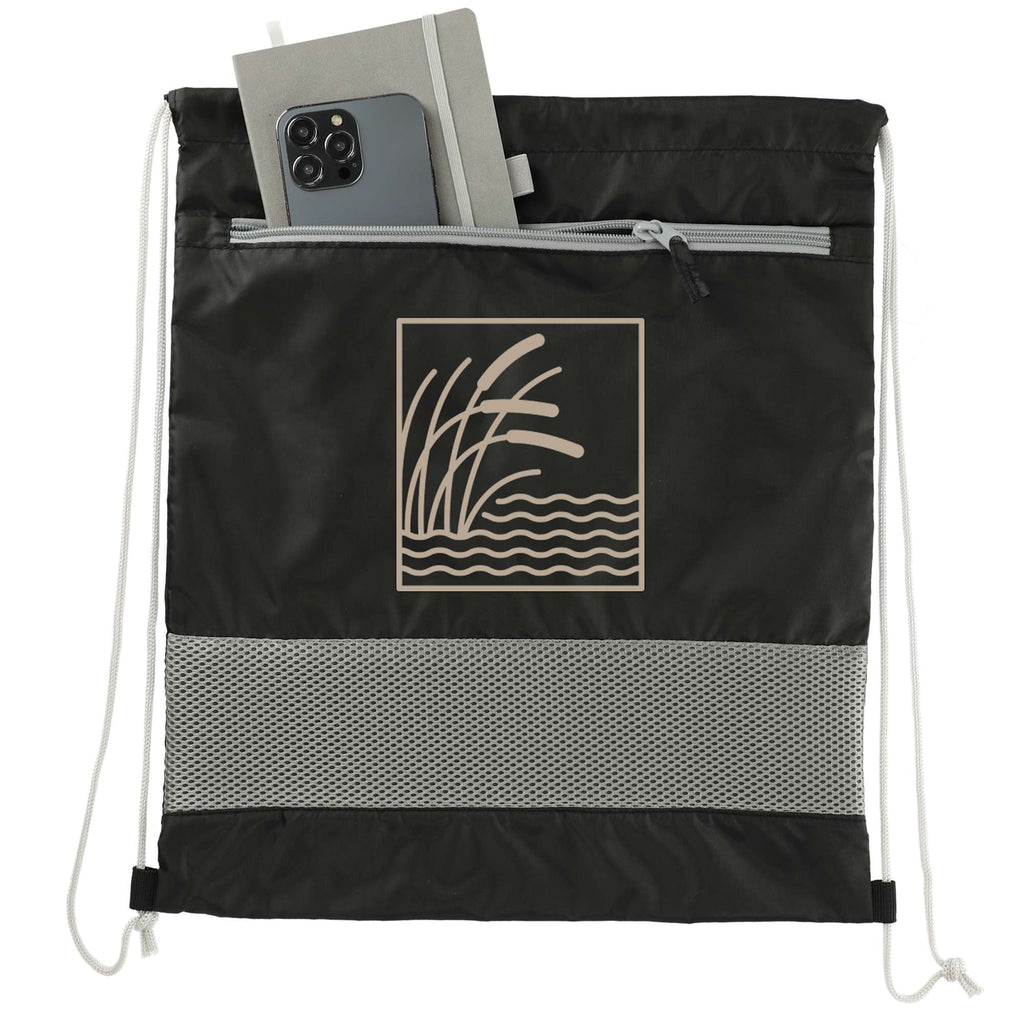 Sparks Recycled Drawstring Bag with Mesh Accents - Black - Front
