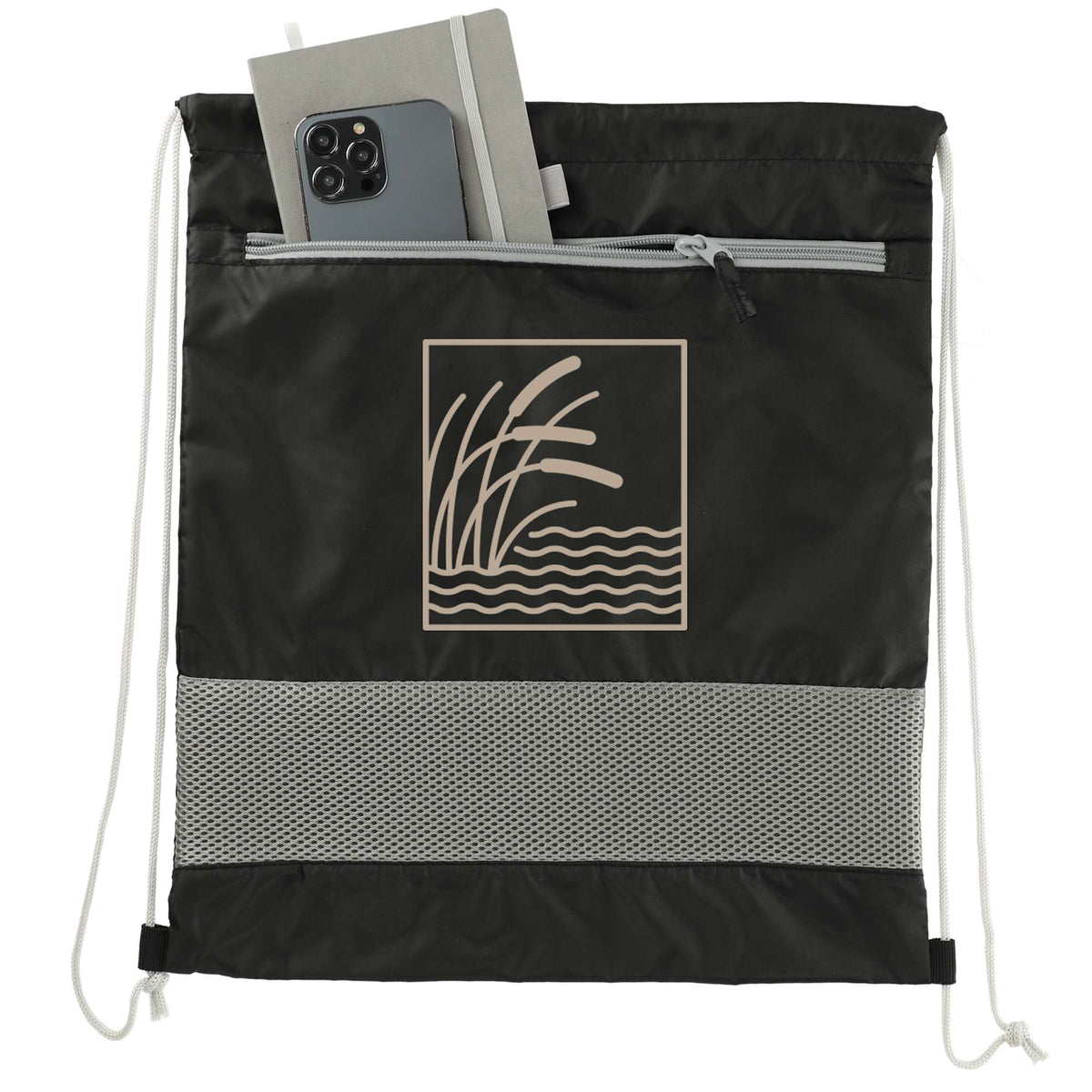 Sparks Recycled Drawstring Bag with Mesh Accents - Black - Front