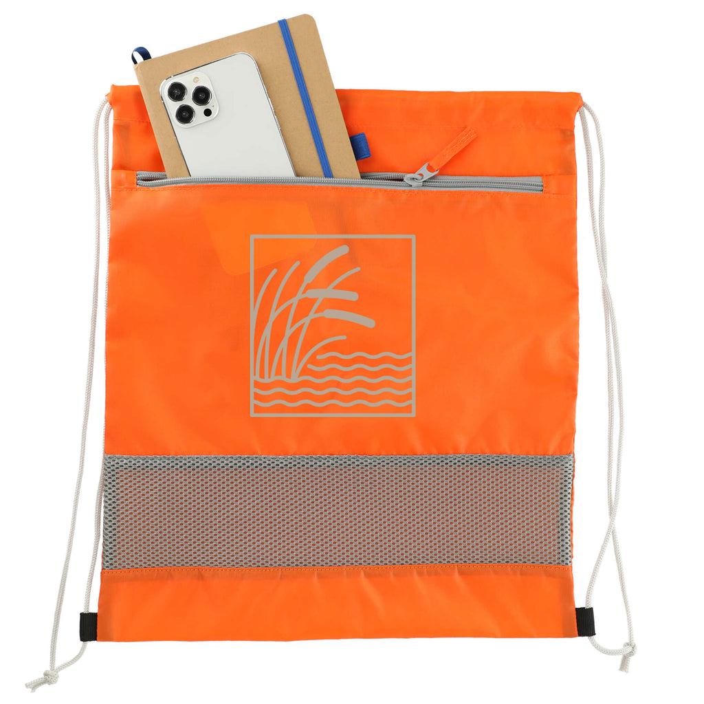 Sparks Recycled Drawstring Bag with Mesh Accents - Orange - Front