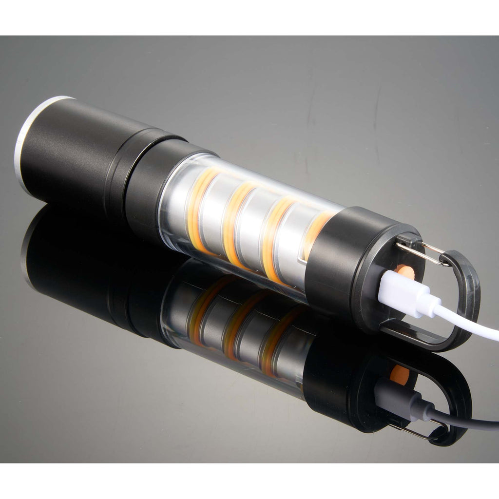 Spiral Filament Lantern Flashlight with Zoom, 150 Lumens Laser Engraving - Black - Back Charge