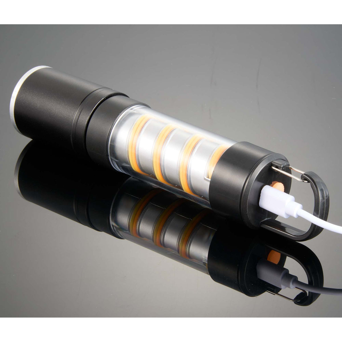 Spiral Filament Lantern Flashlight with Zoom, 150 Lumens Laser Engraving - Black - Back Charge