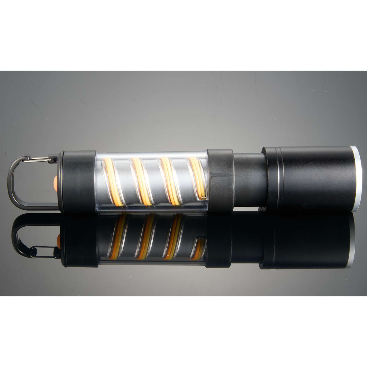 Spiral Filament Lantern Flashlight with Zoom, 150 Lumens Laser Engraving - Black - Front Open
