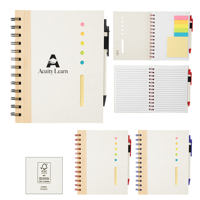 Spiral Notebook with Bamboo Accent, Sticky Notes and Flags