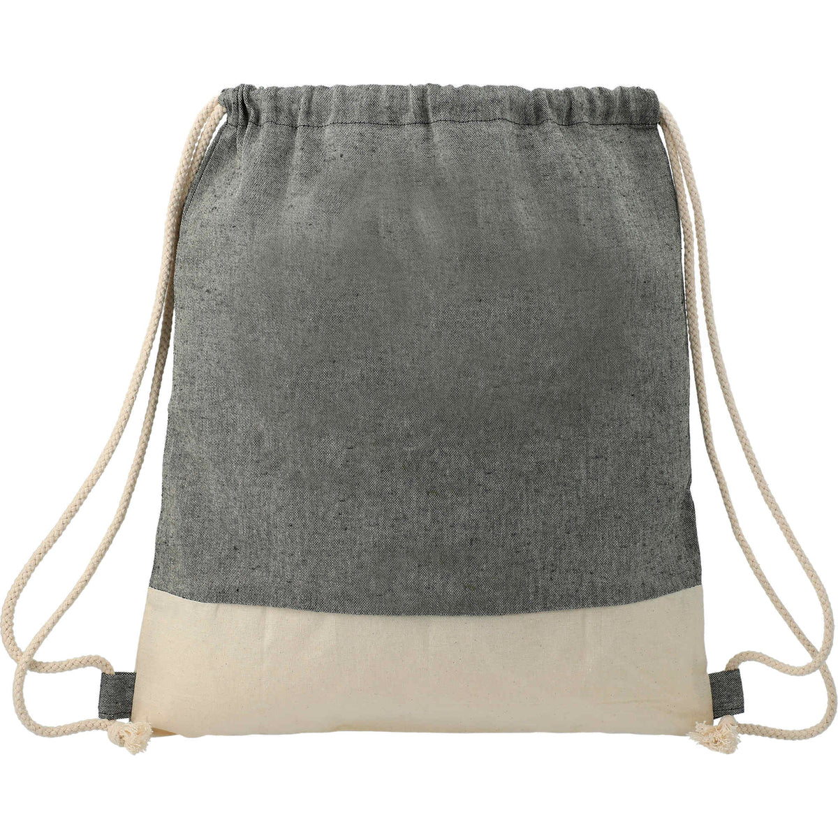 Split Color Block Recycled Cotton Drawstring Bag Transfer - Natural/Black - Front
